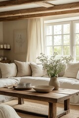 Cozy Interior of a Rustic Living Room Featuring Natural Materials and Soft Textiles During Daylight Hours