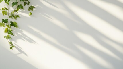 graceful trailing ivy casting soft shadows on blank white wall highlights elegant decorating concept