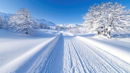 Obraz premium Snowy winter trail through mountain valley