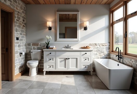 Ultra-Realistic Modern Farmhouse Bathroom: Light Gray Palette, Matte White Wood Furniture, Natural Stone Floor, Minimalist Mirror & Soft Lighting.

