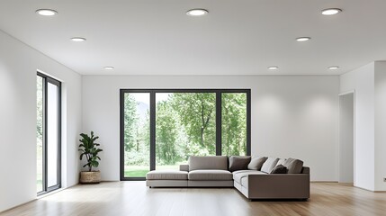 Fototapeta premium Modern Sectional Sofa in Minimalist Living Room with Large Windows and Green View