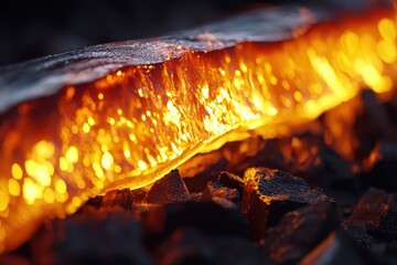 Glowing Metal Bar on Hot Coals in a Dark Forge Environment