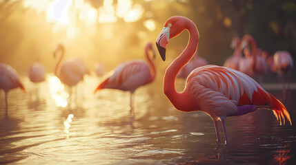 Fototapeta premium A flamingo stands gracefully in shallow water at sunset, surrounded by its flock