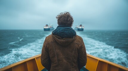 Fototapeta premium A traveler gazes at two ships disappearing into the gray horizon