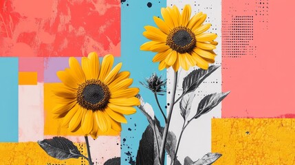 Two vibrant sunflowers set against a geometric colorful collage