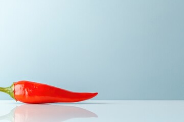 clean shot of single red chili displayed on smooth white surface with reflections and ample copy space