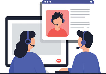 Two people engaged in a video call while wearing headsets, showcasing a modern and minimalistic flat design vector illustration