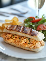 Delicious chicken sandwich with fresh salad and crispy chips on a white plate in bright light