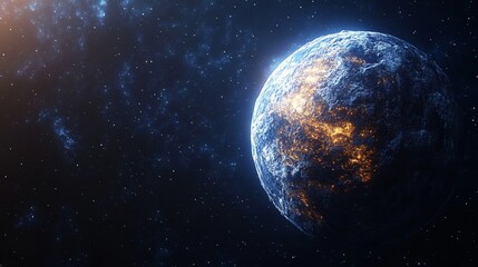 Obraz premium Glowing blue and orange exoplanet in deep space.