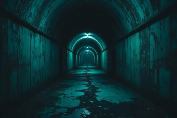 Fototapeta premium Mysterious Teal Lit Tunnel Dark Arched Passageway Eerie Urban Exploration Concrete Architecture