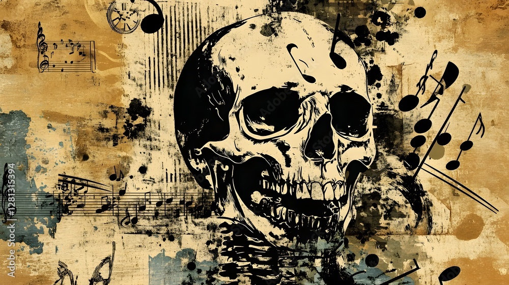 Poster Grungy Skull with Gothic and Punk Rock Themes in Dark, Moody Atmosphere