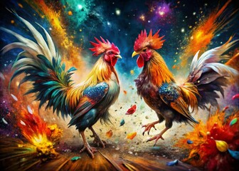 Fototapeta premium Abstract Colorful Fighting Rooster Surreal Photography Background - Stock Photo