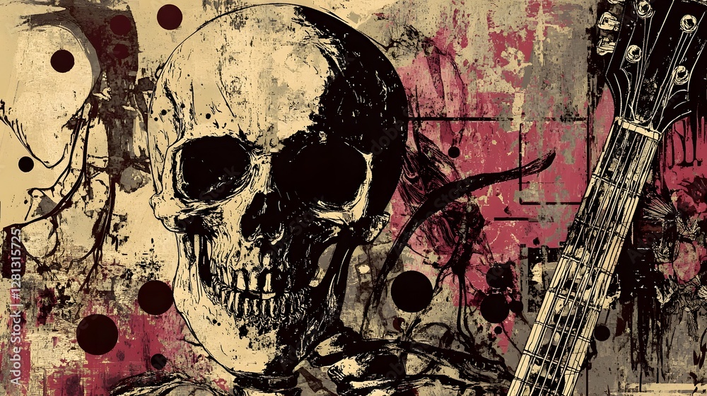 Poster grungy skull with guitar painting on distressed textured background in gothic horror style