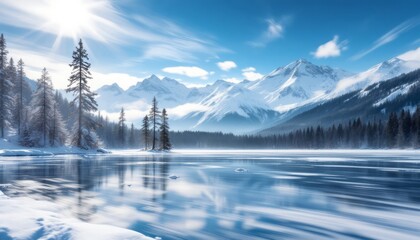 Breathtaking Winter Landscape Featuring Majestic Mountains and Serene Frozen Lake Reflection