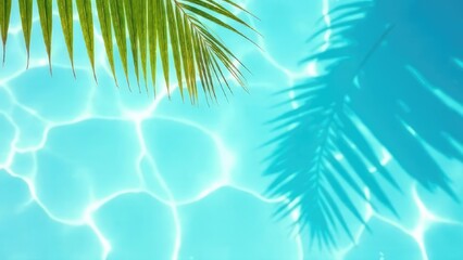 A palm leaf casts its shadow on the clear turquoise water of a swimming pool. Concept of: Summer coolness.