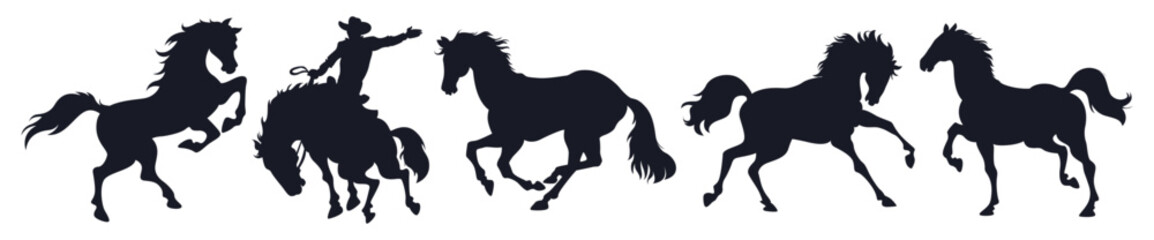 Set of black silhouettes of running horses and a cowboy with a lasso isolated on transparent background. Vector illustration