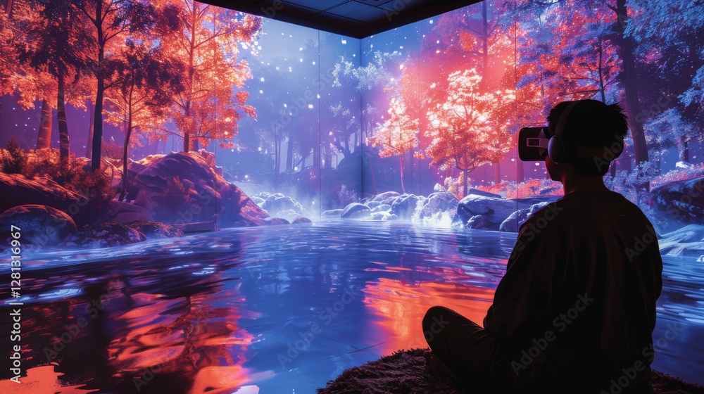Aufkleber user engages with a digital therapy session in a calming virtual landscape filled with vibrant color