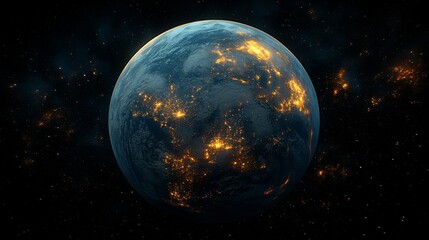 Earth at night, city lights glowing, stars in space.