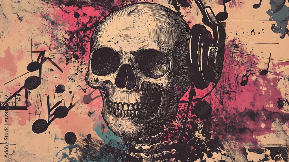 Poster Grungy Skull with Music Notes Abstract Digital Art Background