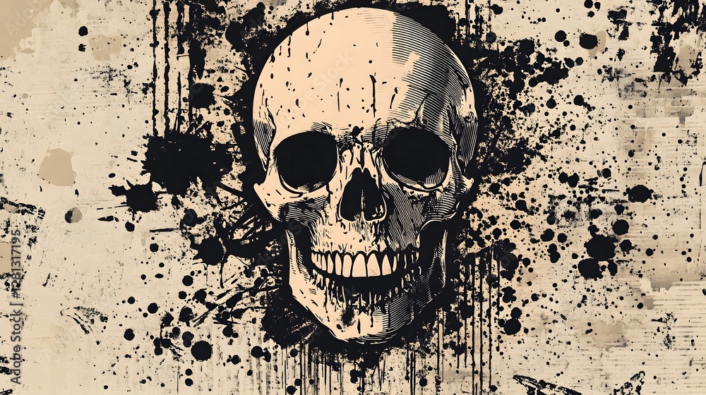 Poster Grungy Skull with Monochrome Splash Effects for Dark and Haunting Atmosphere