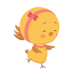 Cute yellow chicken with pink ribbon and beads. Vector color texture pattern. Girl chick is a symbol of traditional Easter. Fun print for clothes, calendars