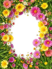 A vibrant and fresh summer floral background with wildflowers and green grass framing the edges. The center is left bright and clean for text, giving a natural and organic look
