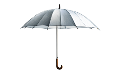 A raindrop-covered umbrella in an open position, isolated on a empty plain background