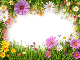 A vibrant and fresh summer floral background with wildflowers and green grass framing the edges. The center is left bright and clean for text, giving a natural and organic look