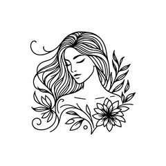 Natural beauty woman long hair vintage logo for salon or cosmetic product with line art style. Line art floral women logo design. creative vintage editable vector illustration.	 beautiful girl icon