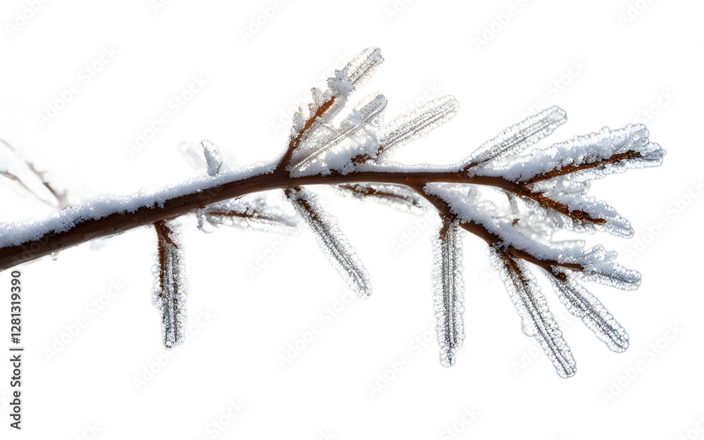 Poster A single frost-covered branch with ice crystals, isolated on a empty plain background