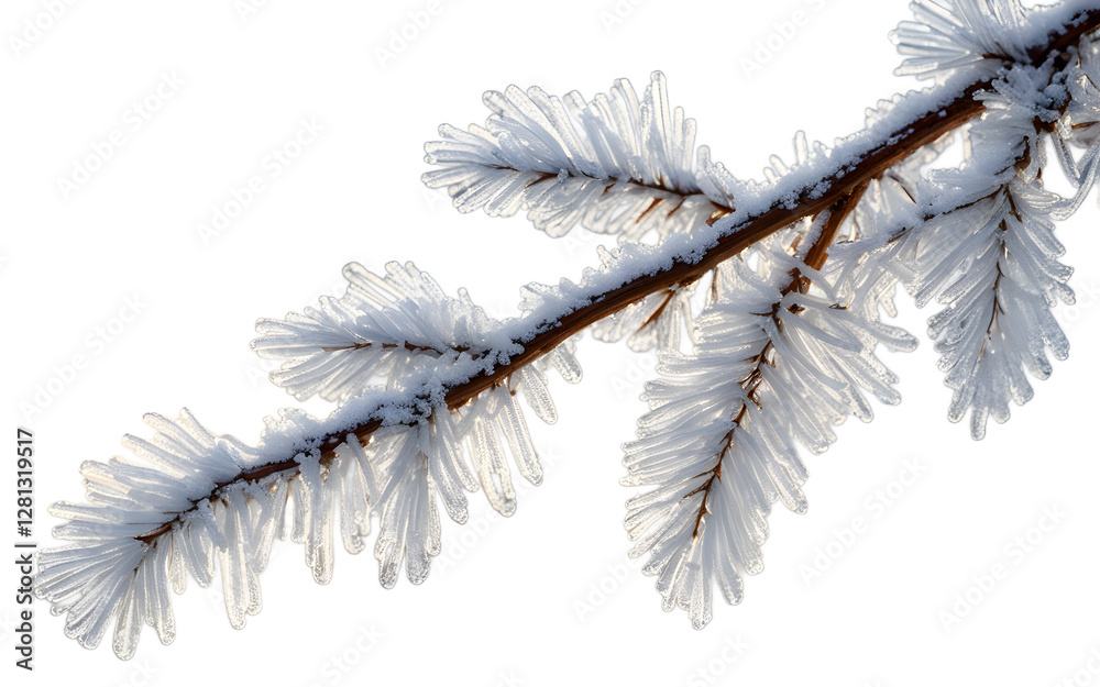 Poster A single frost-covered branch with ice crystals, isolated on a empty plain background