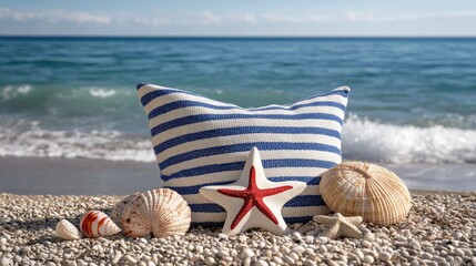 Obraz premium Colorful beach bag sits among seashells on the shore, with the peaceful ocean in the background under a clear sky