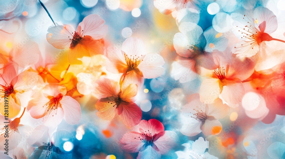 Poster delicate cherry blossoms bloom in spring, filling the background with soft colors and a dreamy atmos