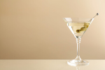 Martini cocktail with olives in glass on beige table, space for text
