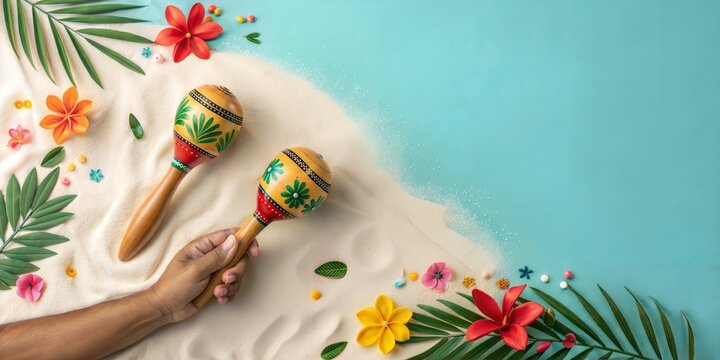The hand holds maracas with tropical flowers and sand on a bright blue background, for thematic blogs, travel advertising, to decorate articles