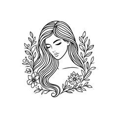 Natural beauty woman long hair vintage logo for salon or cosmetic product with line art style. Line art floral women logo design. creative vintage editable vector illustration.	 beautiful girl icon