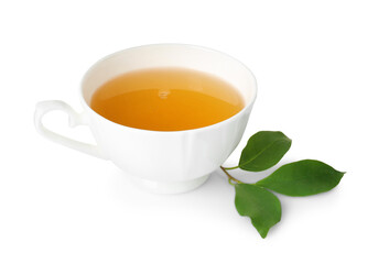 Refreshing green tea in cup and leaves isolated on white