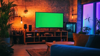 Green Screen Television In Stylish Modern Game Room