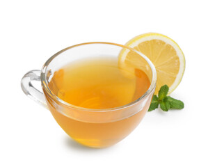 Aromatic mint tea with lemon, fresh and dried leaves isolated on white