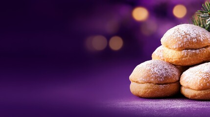 Freshly delicious baked pastries dusted with powdered sugar against a festive purple backdrop, banner, copy space