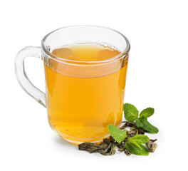Aromatic mint tea, fresh and dried leaves isolated on white