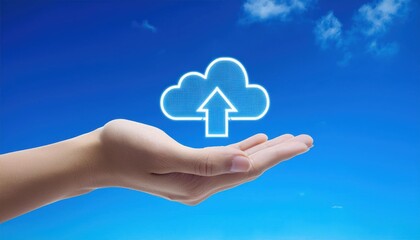 Cloud Icon with Arrow Held in Hand Digital Line Art on Blue Sky Background