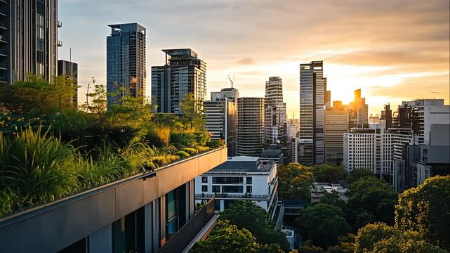 Green rooftop garden on modern apartment building at sunset, city skyline in background.