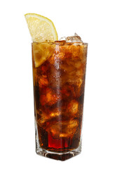 Refreshing cola with ice cubes and slice of lemon in glass isolated on white