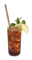Refreshing cola with slice of lemon, ice cubes, mint and drinking straw in glass isolated on white