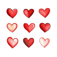 Array of colorful hearts on a white isolated background.