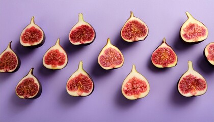 Fresh Figs Arranged in Pattern on Purple Pastel Background Flat Lay Photography
