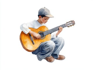 Soulful guitarist, man playing acoustic guitar and creating enchanting melodies