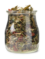 Dry herbal tea brew in jar isolated on white
