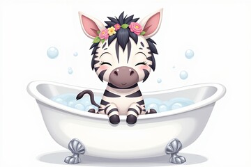 Fototapeta premium Adorable Baby Zebra in a Bubble Bath Wearing a Flower Crown Cartoon Illustration